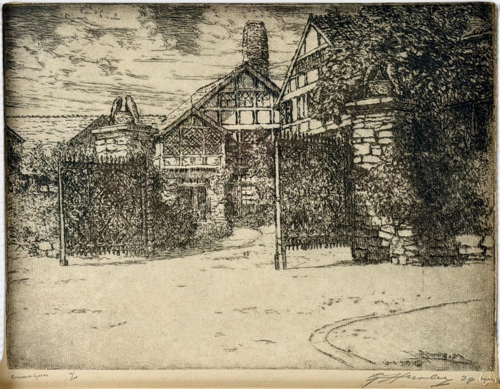 E.T. Hurley etching "Gates of Rookwood" 1929.: Rare E.T. Hurley etching showiing the Gates at Rookwood and the Rookwood Pottery Building. Signed and dated 1929 in the plate. Signed and dated 1929 in pencil in the margin. Also marked in pencil in