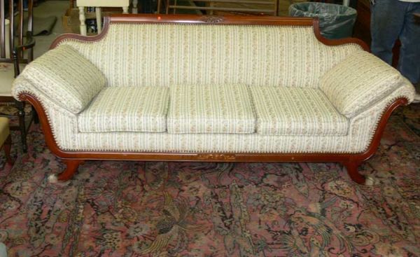 walnut Duncan Phyfe style sofa w/cream floral upho: walnut Duncan Phyfe style sofa w/cream floral upholstery