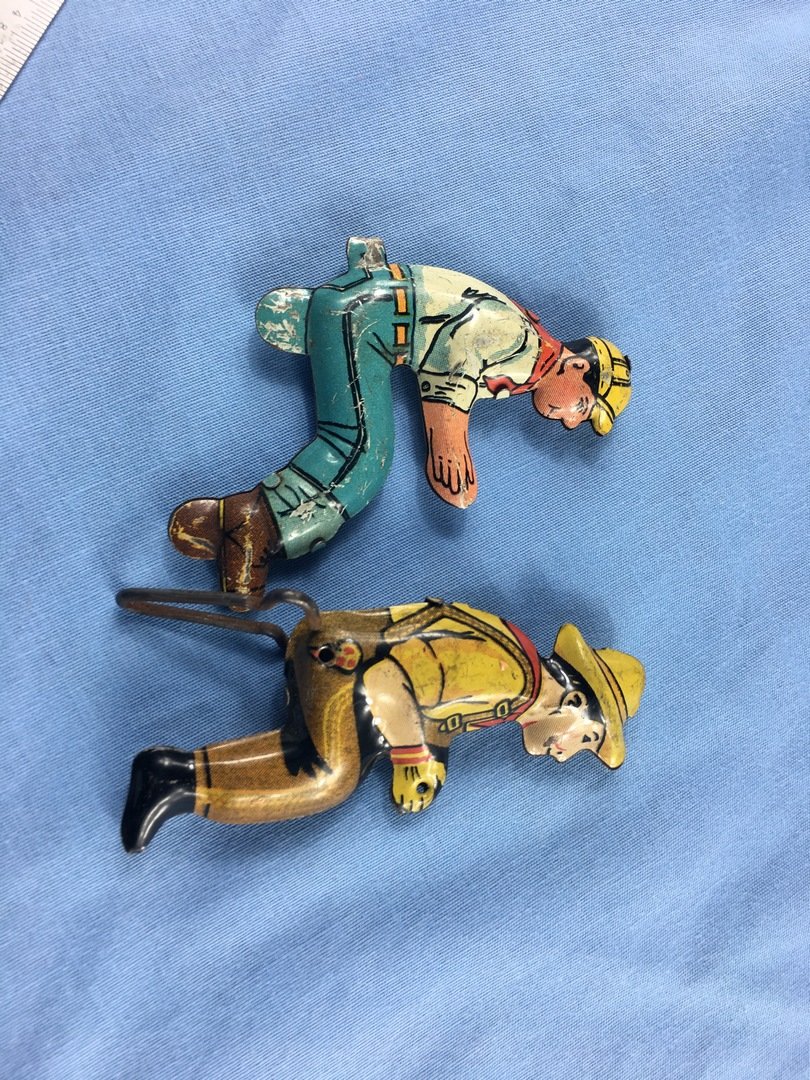 Vintage Marx Tin tractor drivers: Pair of Vintage Marx Tin tractor driversapx 3" x 1.25"