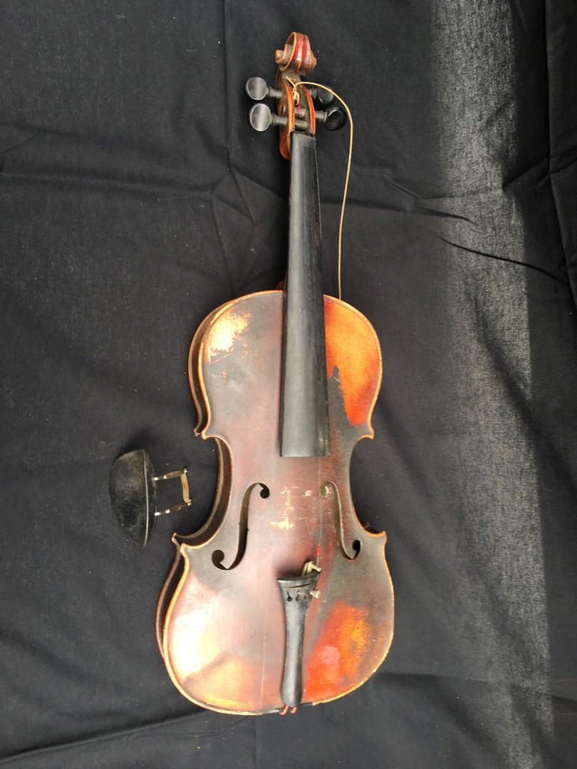Copy of Antonius Stradivarius Conservatory Violin: 23\"x8\" bow marked w vuillaume