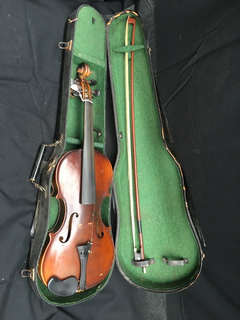 unmarked antique violin with green felt case: unmarked violin , 23"x 7.5"