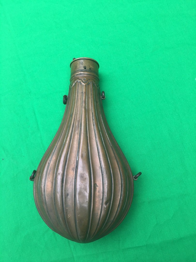Antique fluted copper / brass Powder flask / horn: 8.5" tall x 5" wide