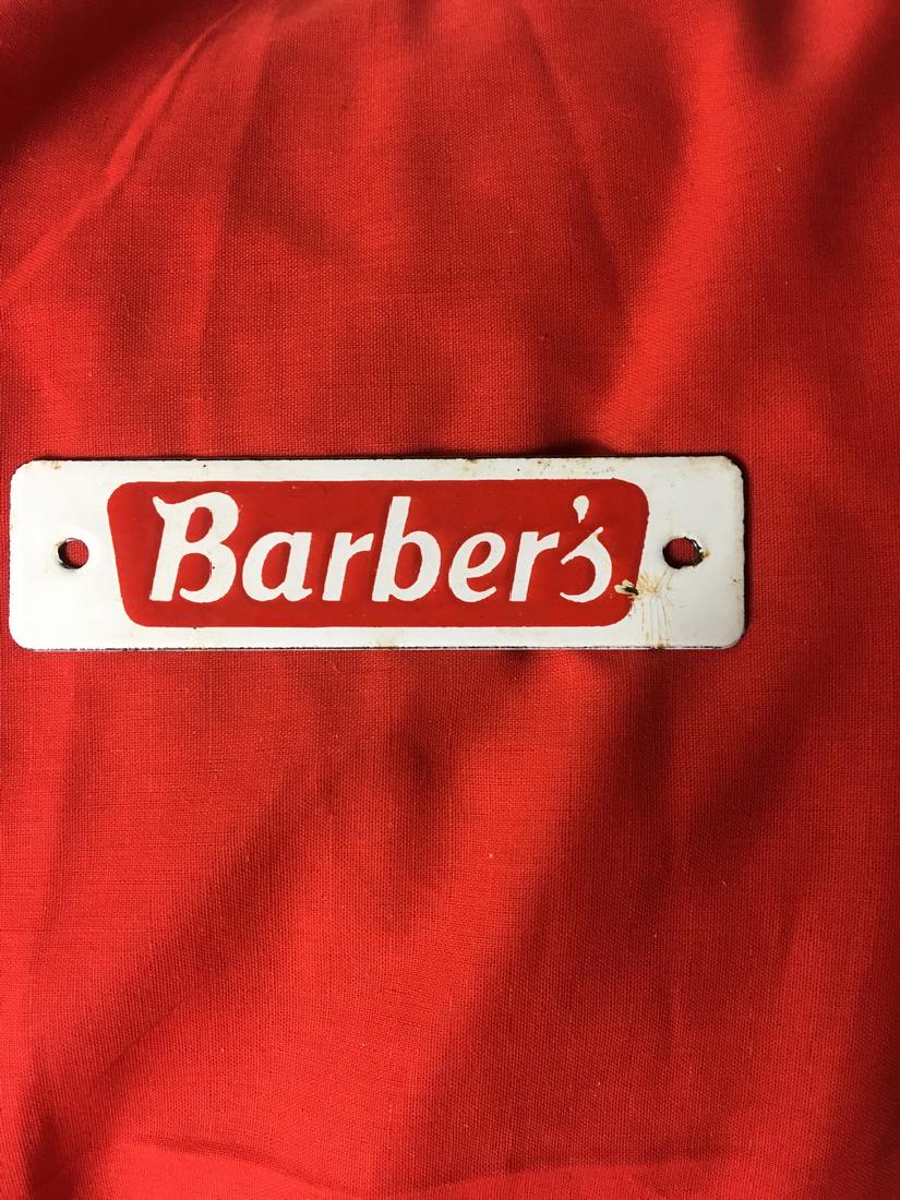Barbers Porcelain sign: Barbers porcelain crate tag sign 5.5"x1"