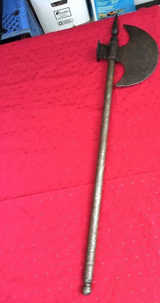 Ceremonial Axe: Very unique Ceremonial Axe silver-plate. Appears to be Persian or Asian. 27.5"x6.25"
