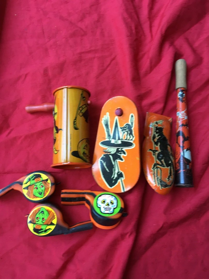 Vintage halloween noisemaker lot: whistles are plastic made in china3 pieces marked kirchhof Newark nj