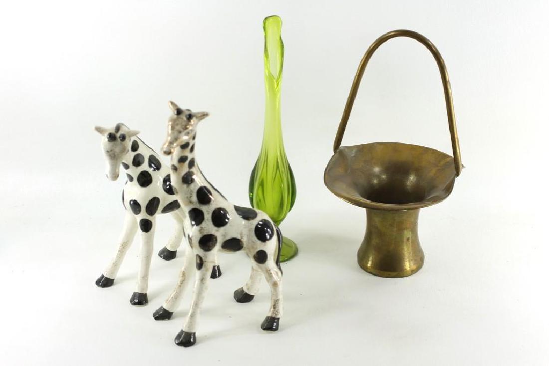 Viking Swung Vase, Brass Basket, and 2 Lefton Giraffes: Giraffes have repaired legs