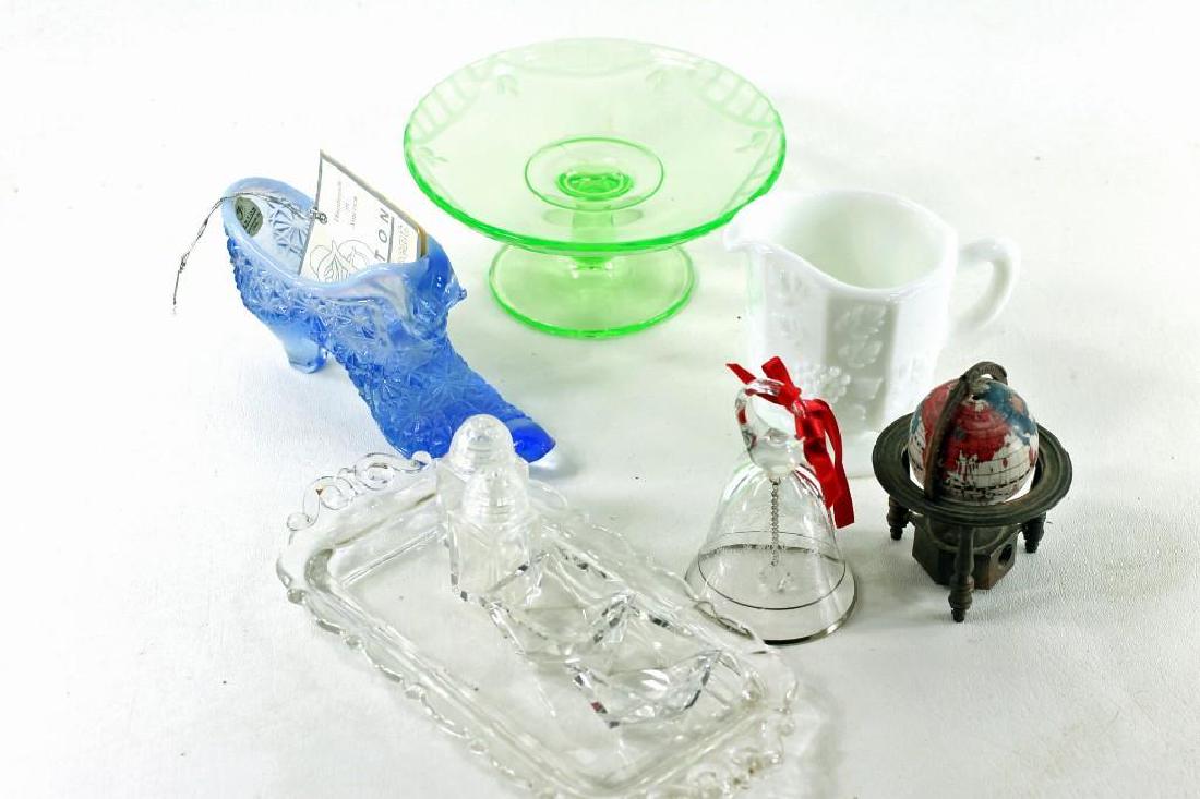 Lot of Vintage Glassware: Includes green depression glass footed plate and blue opalescent Fenton shoe or boot with original label
