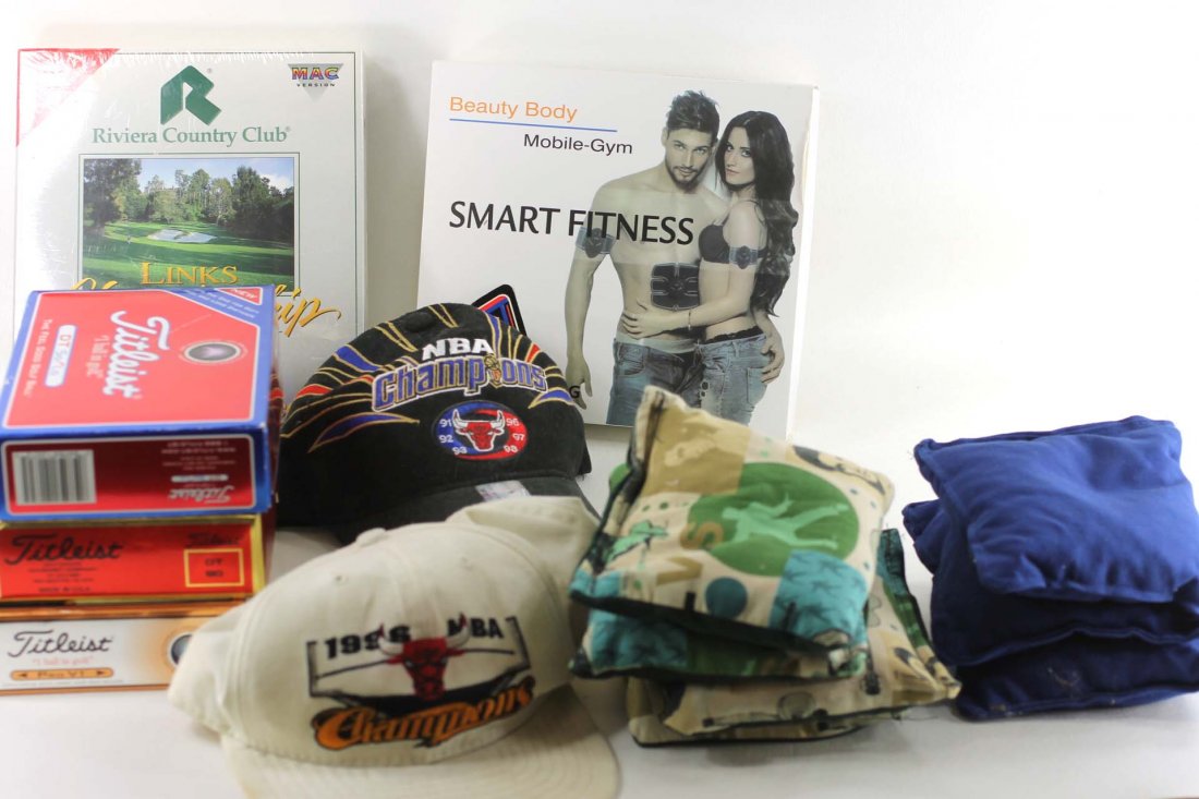 Sports Lot: 3 boxes of golf balls, 2 Chicago Bulls NBA Championship hats, Elvis Bean Bags, etc