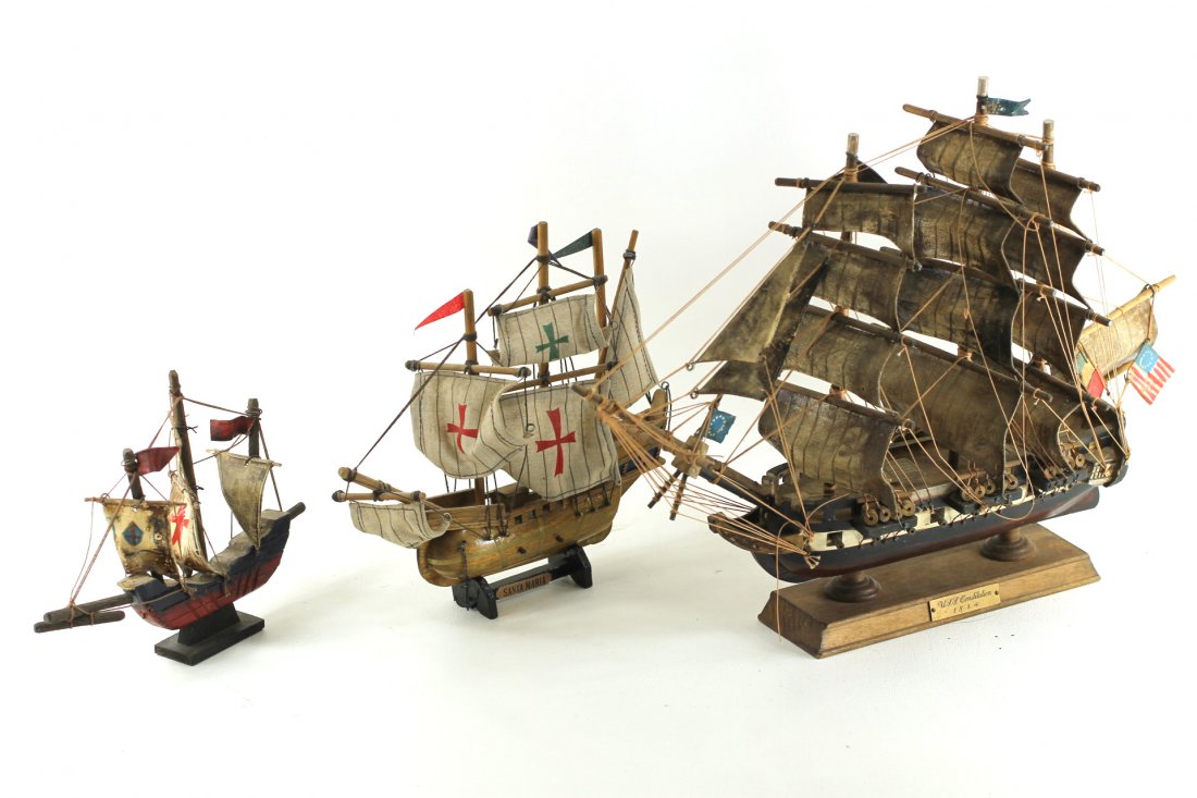 Lot of 3 Vintage Ships Made From Wood and String: These are the kind of clipper ships that people used to make from kits. They are made of wood, string, and fabric.