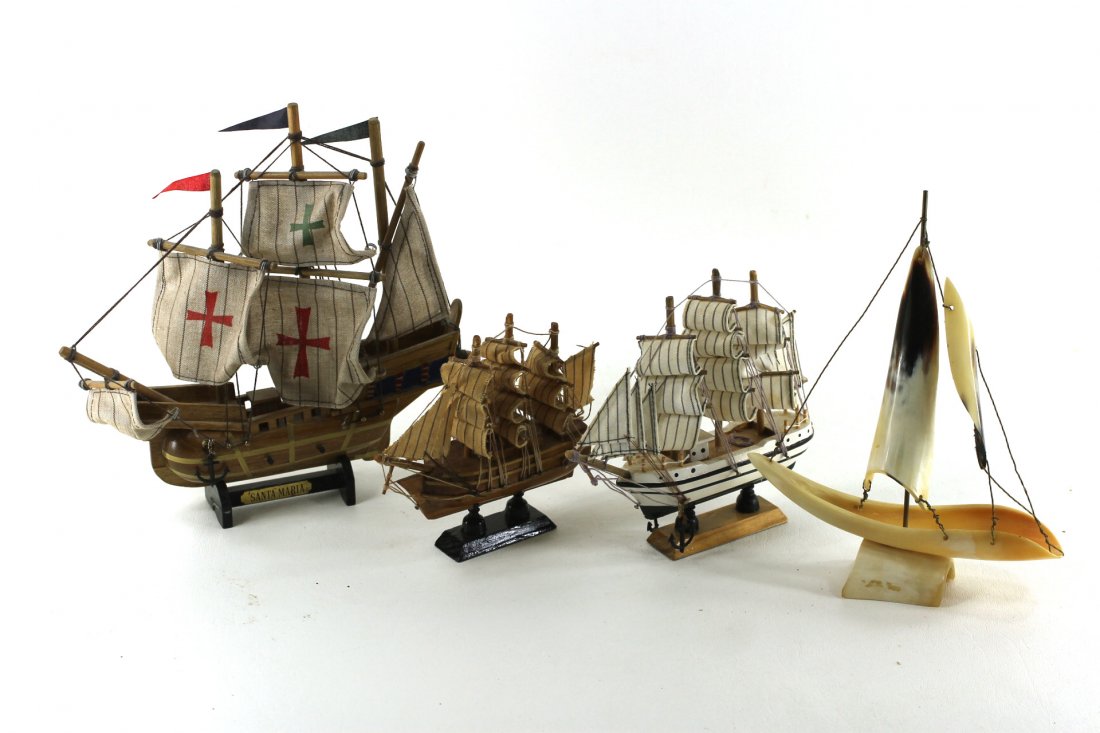 Lot of 4 Clipper Ship Nautical Decor Items: 3 of them are the type that people used to make from a kit and are made of wood, string, and cloth. The 4th one is made from cow horn and wire