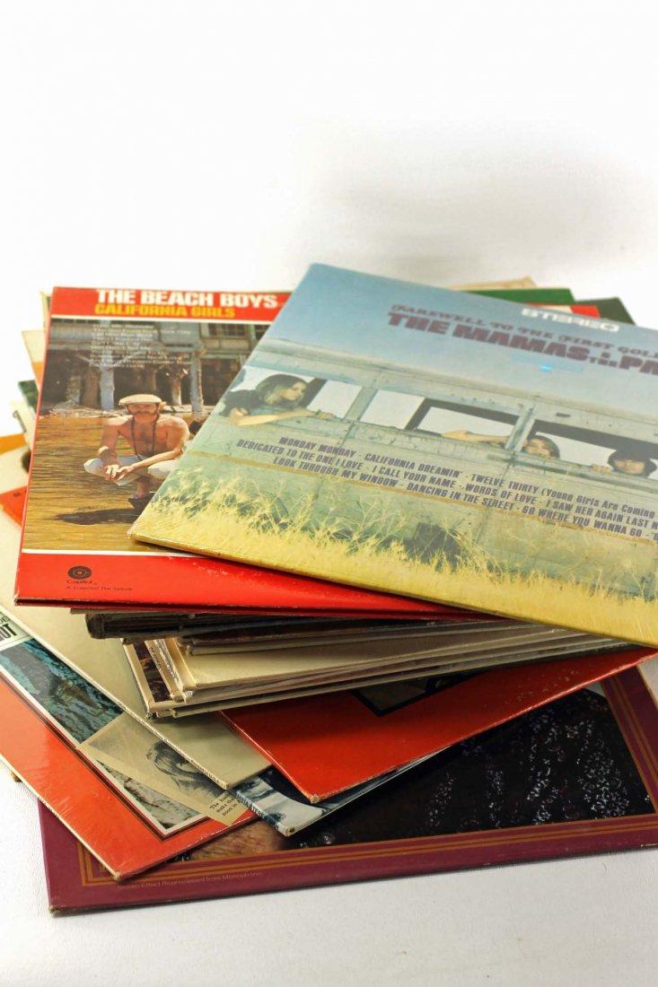 Stack of Vinyl Records Mostly from the 1960s and 1970s: Includes The Mamas and The Papas, Sonny and Cher, The Beach Boys, Herman's Hermits, Perry Como, etc