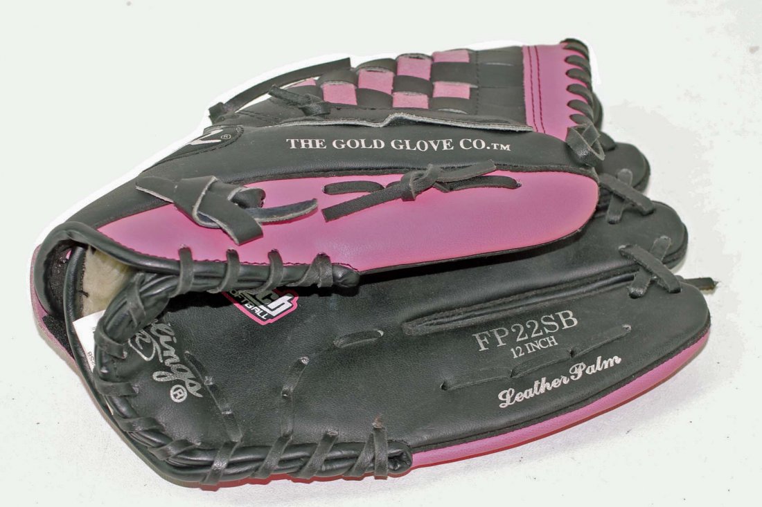 Rawlings Leather Fast Pitch Softball Glove Pink & Black: Rawlings leather fast pitch softball glove FP22SB 12 inch pink and black. Fits on your left hand.
