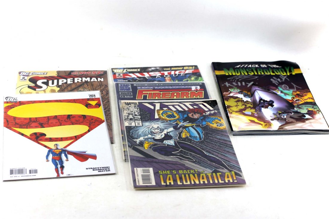 Lot of 6 Comic Books, Monstrology is Signed: Lot of 6 comic books including XMen, Justice Lague, Firearm, 2 Superman, and a Monstrology which is signed by the author and 3 other people.