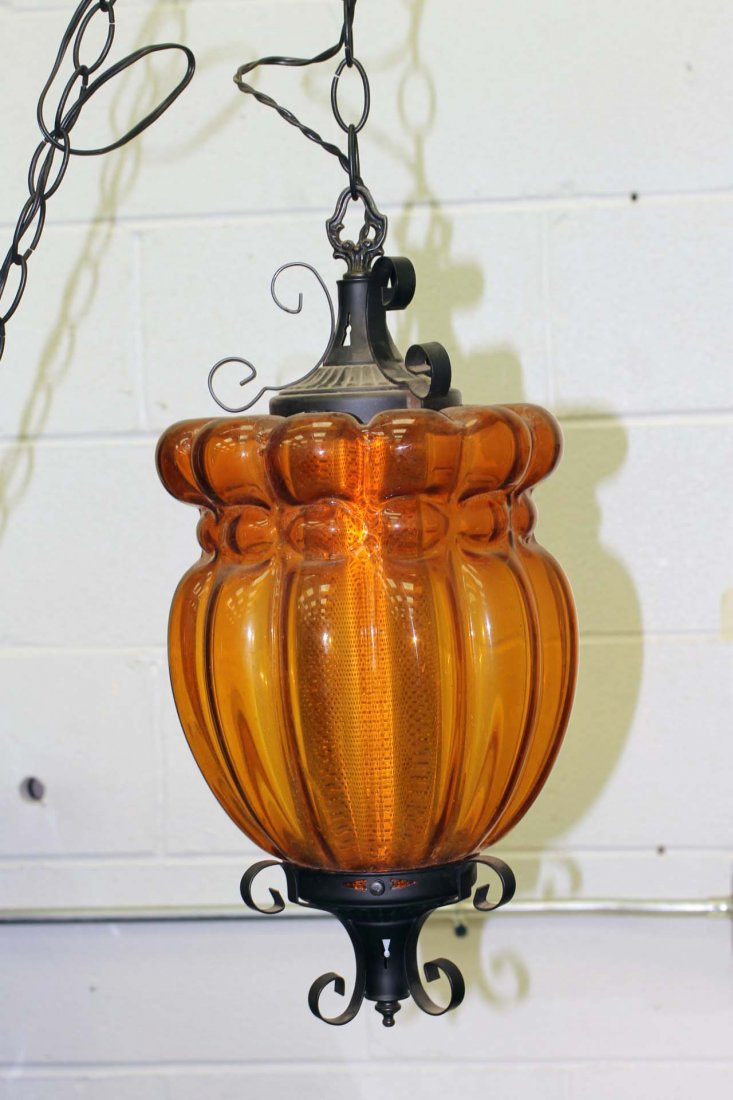 Mid Century Hanging Swag Lamp with Amber Colored Glass: Mid Century Hanging Swag Lamp with Amber Colored Glass