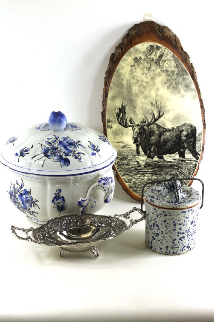Lot of Vintage Items including Blue and White Tureen ,: Lot of Vintage Items including Blue and White Tureen , Moose Plaque , Cheese Crock , and Candy Tray