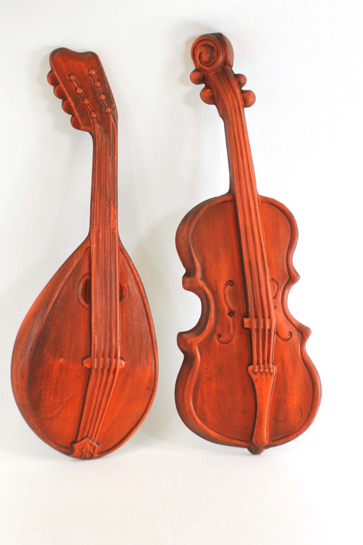 Vintage Wall Hanging Musical Instruments: Violin and mandolin made from metal