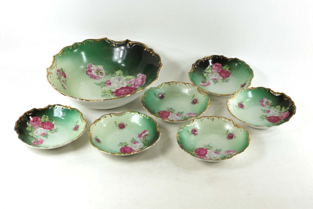 Vintage China Salad Set with Gold Gilt Edge and Pink Fl: Vintage China Berry Set with Gold Gilt Trim Edge and Pink Floral Design Green and White . Includes a larger bowl and 6 individual bowls. No markings on the bottom