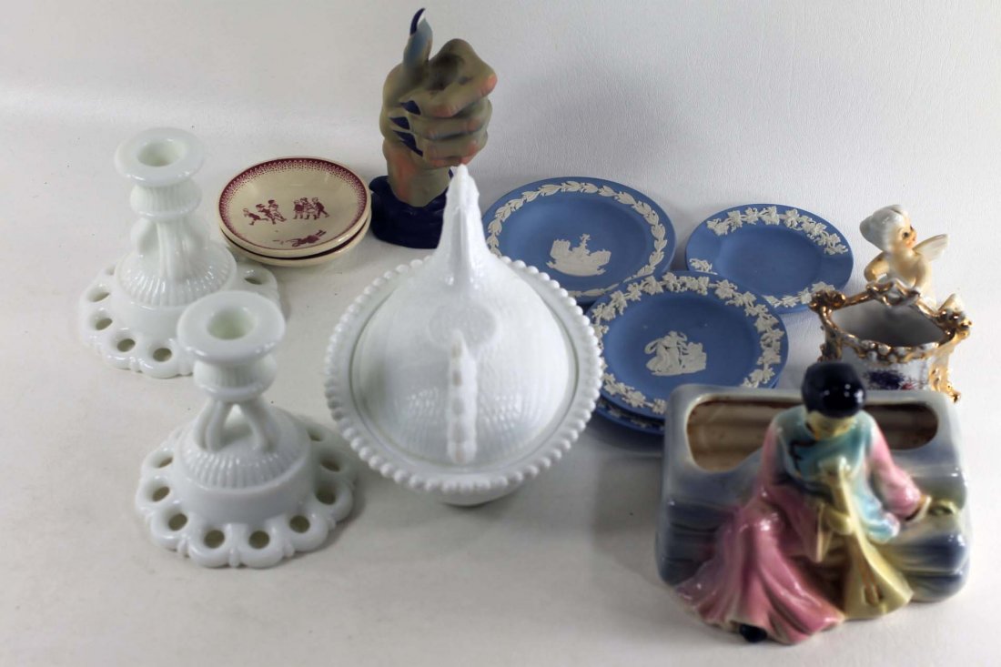 Lot of Vintage Glassware and Ceramics incl Milk Glass H: Lot of Vintage Glassware and Ceramics incl Milk Glass Hen on Nest and Candlesticks