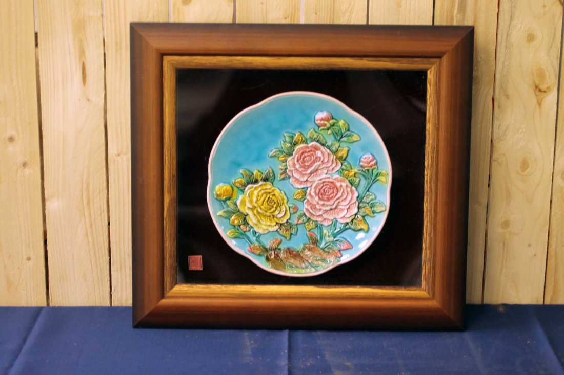 Framed Majolica Plate Blue with Pink and Yellow Roses (1 of 3)