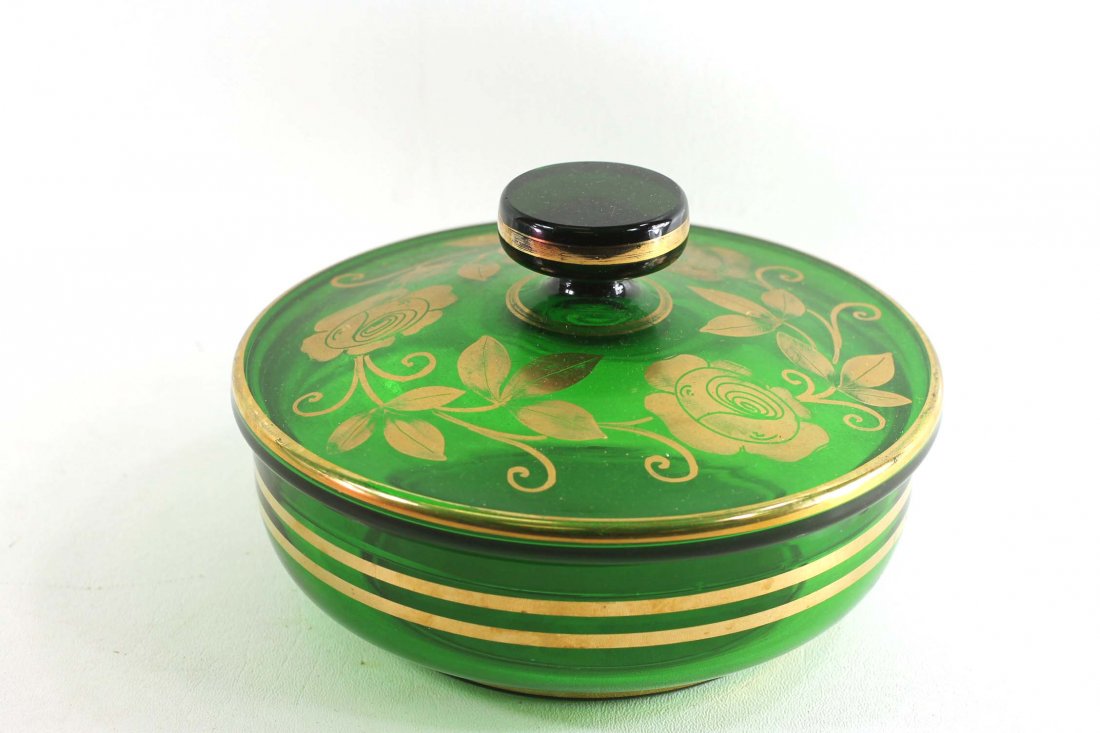 Vintage Green Covered Candy Dish or Bowl with Gold Gilt (1 of 2)