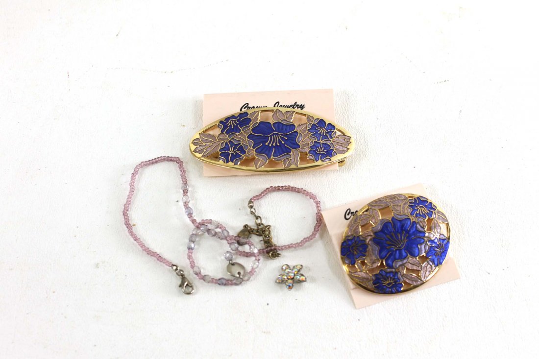 Lot of Costume Jewelry, Enameled Brooch and Hair Clip, (1 of 3)