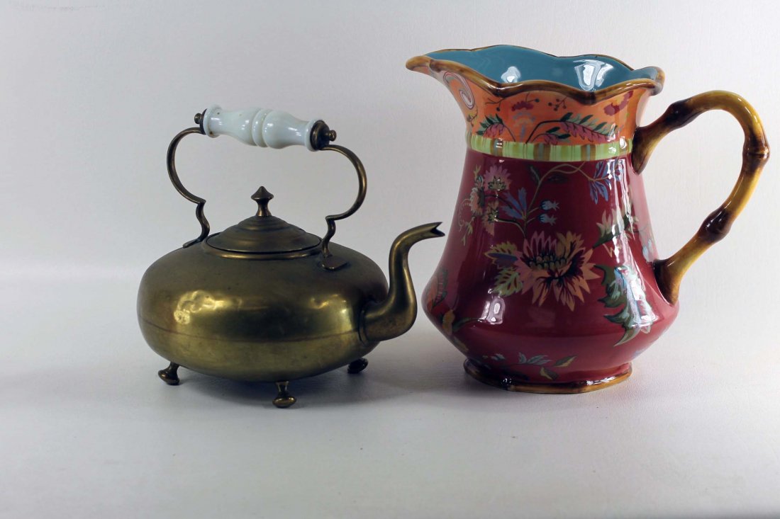 Vintage Brass Tea Kettle and a Ceramic Pitcher: Vintage Brass Tea Kettle and a Ceramic Pitcher