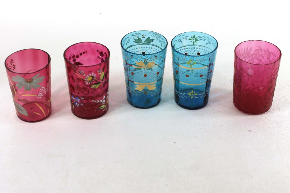 Lot of 5 Vintage Tumblers, 3 Cranberry and 2 Blue: 4 of them are hand painted. includes 1 handpainted cranberry inverted thumbprint.