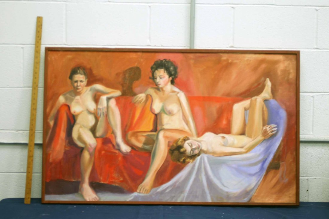 Mid Century Modern Figurative Oil on Canvas Painting: Mid century modern figurative oil on canvass painting of nude women from the private collection of Oak Park, Illinois artist Nancy Swan.