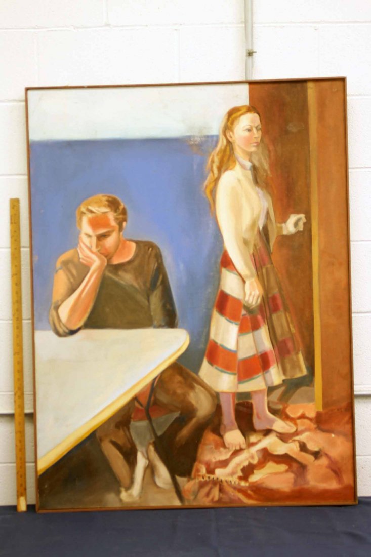 Framed Oil on Canvas of a Man and a Woman: Framed figurative oil on canvas. From the private collection of Oak Park, Illinois artist Nancy Swan. Initials N.S. in the lower right corner.