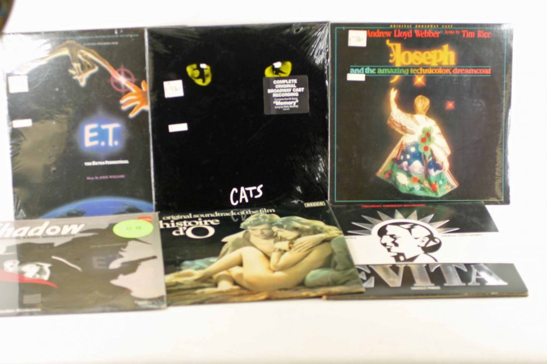 Lot of 6 Vinyl Records 33 RPM LPs Soundtracks Some are: ET, Factory SealedCats, Factory SealedJoseph and the Amazing Technicolored Dreamcoat, Factory SealedShadow Original Radio Broadcasts, Factory SealedEvitaHistoire d'O