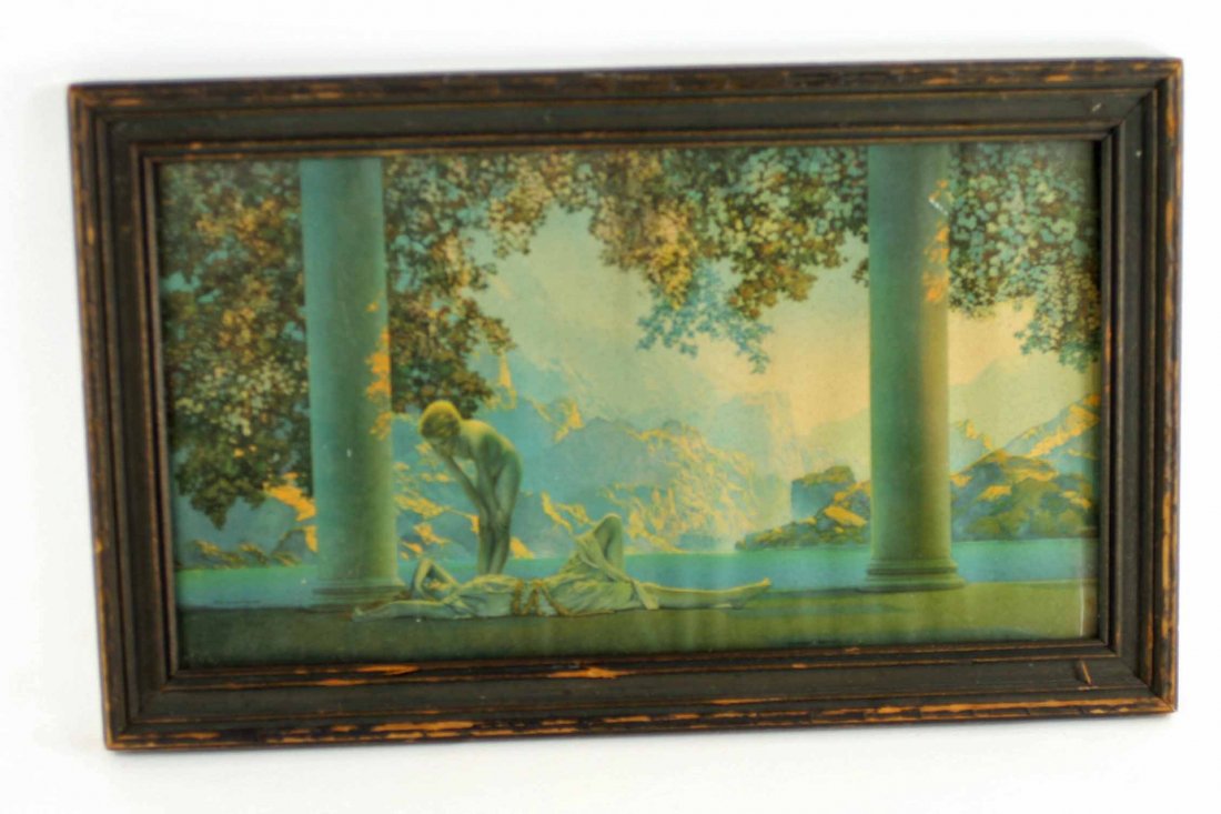 Framed Maxfield Parrish Print Day Break: Framed Maxfield Parrish Print Day Break 1922 Marked "The House of Art NY" on left.