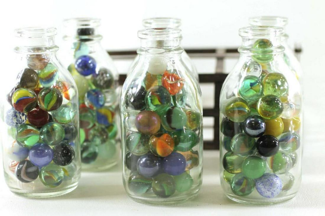 6 Small Milk Bottles Filled with Vintage Marbles and a (1 of 5)