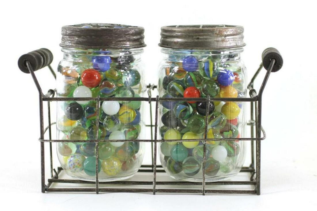 Milk Bottle Carrier with 2 Jars of Vintage Marbles (1 of 5)