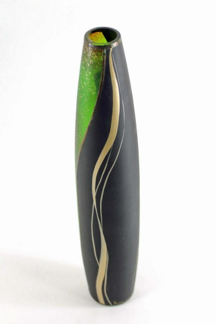 Art Glass Vase Czech Design for Miracle Studio: Art Glass Vase Czech Design for Miracle Studio . Green, black, and gold design, Still has it's original label