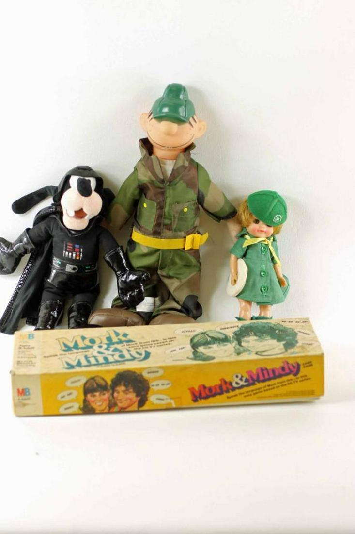 Lot of Vintage Toys incl Beetle Bailey Doll, Disney: Lot of Vintage Toys incl Beetle Bailey Doll, Disney Goofy as Star Wars Darth Vader, Mork & Mindy Game, Girl Scout Doll