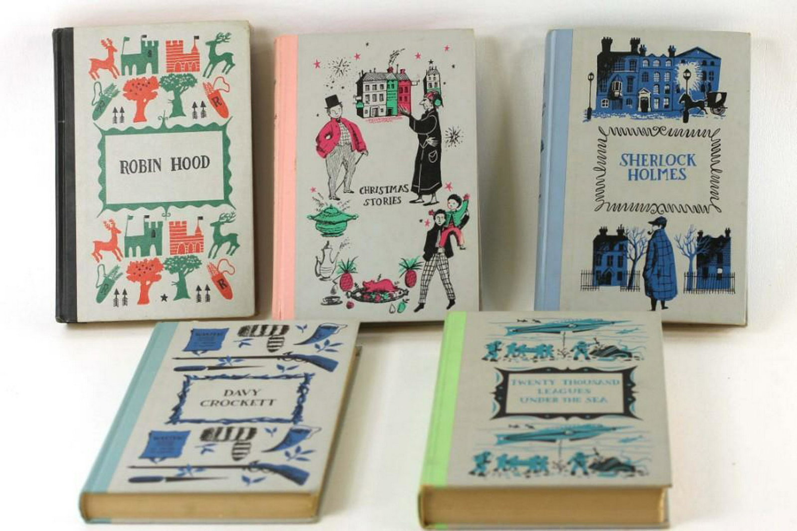 Lot of Vintage Books: Robin Hood, Christmas Stories, Sherlock Holmes, Davy Crockett, and Twenty Thousand Leagues Under the Sea