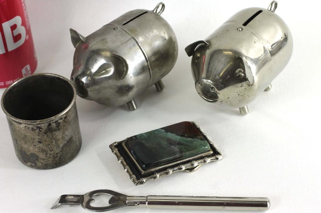 Lot of Vintage Smalls incl 2 Metal Piggy Banks, Belt (1 of 4)