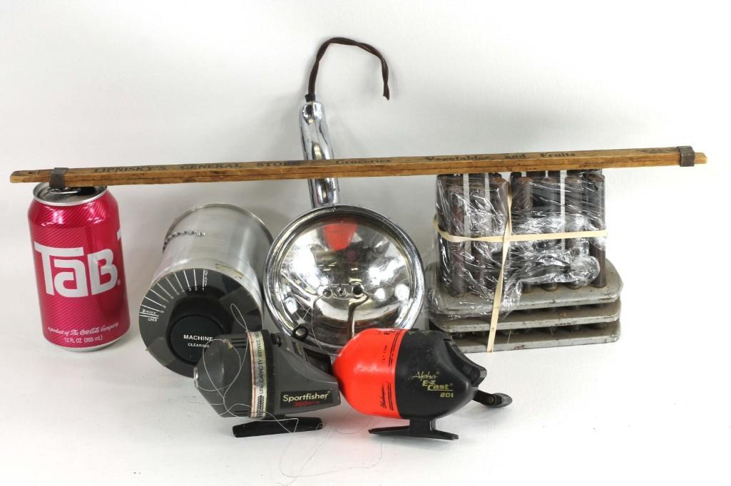 Lot of Fishing Gear , etc incl Fishing Reels ,: Lot of Fishing Gear , etc incl Fishing Reels , Spotlight , Expandable Yard Stick , and More