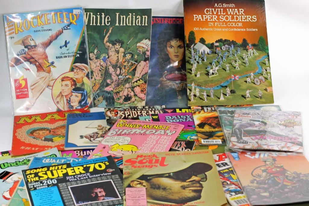 Lot of Vintage Magazines and Comic Books incl Mad: Lot of Vintage Magazines and Comic Books incl Mad Magazine, Rocketeer, White Indian, Civil War Paper Soldiers, Dennis the Menace, Walt Disney, Rock and Soul Songs, etc
