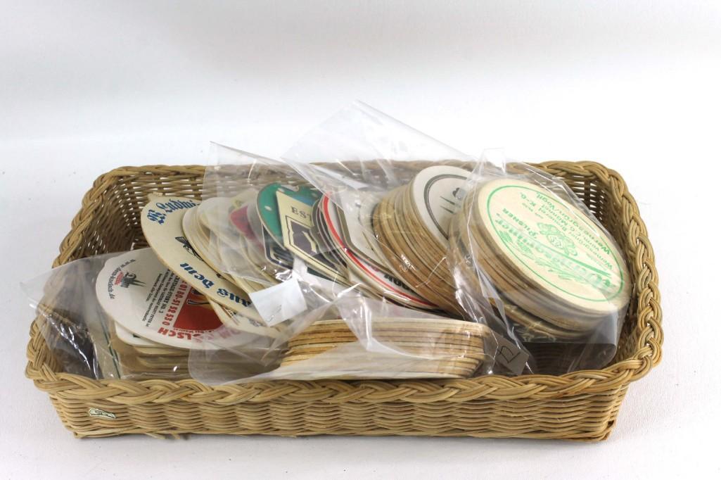 Lot of Beer Coasters in a Basket: Lot of Bar Coasters in a Basket