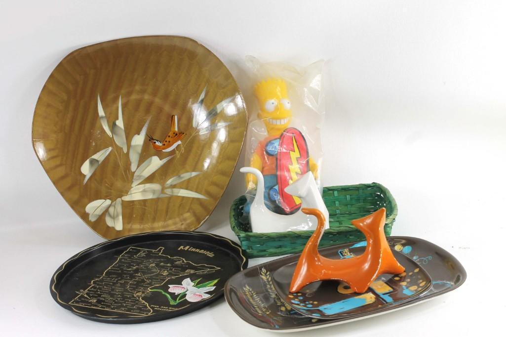Lot of Collectibles incl Mid Century Cats , Bart: Lot of Collectibles incl Mid Century Cats , Bart Simpson Toy, Trays , etc