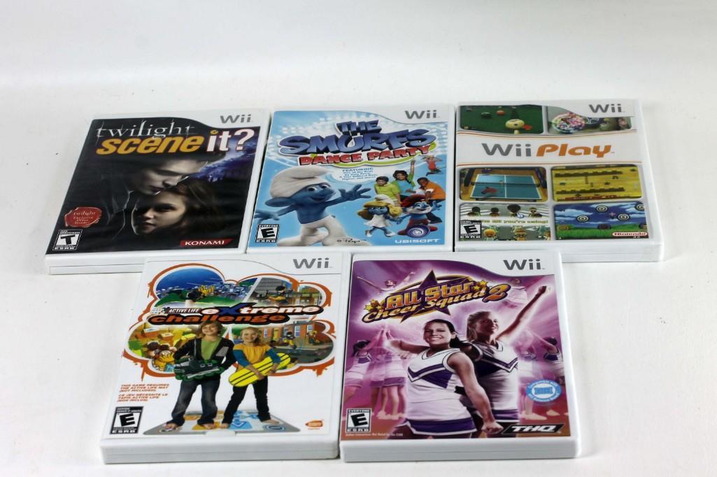 Lot of 5 Nintendo Wii Games: Includes Twilight Scene It, The Smurfs Dance Party, Wii Play, Active Live Extreme Challenge, and All Star Cheer Squad 2