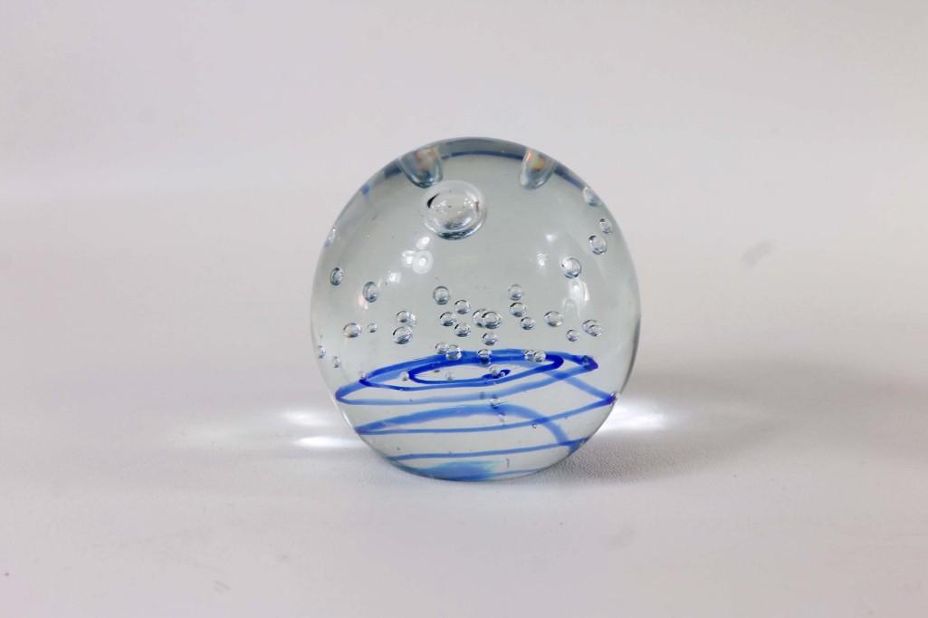 Art Glass Paperweight with a Blue Swirl and Bubble: Art Glass Paperweight with a Blue Swirl and Bubble Design