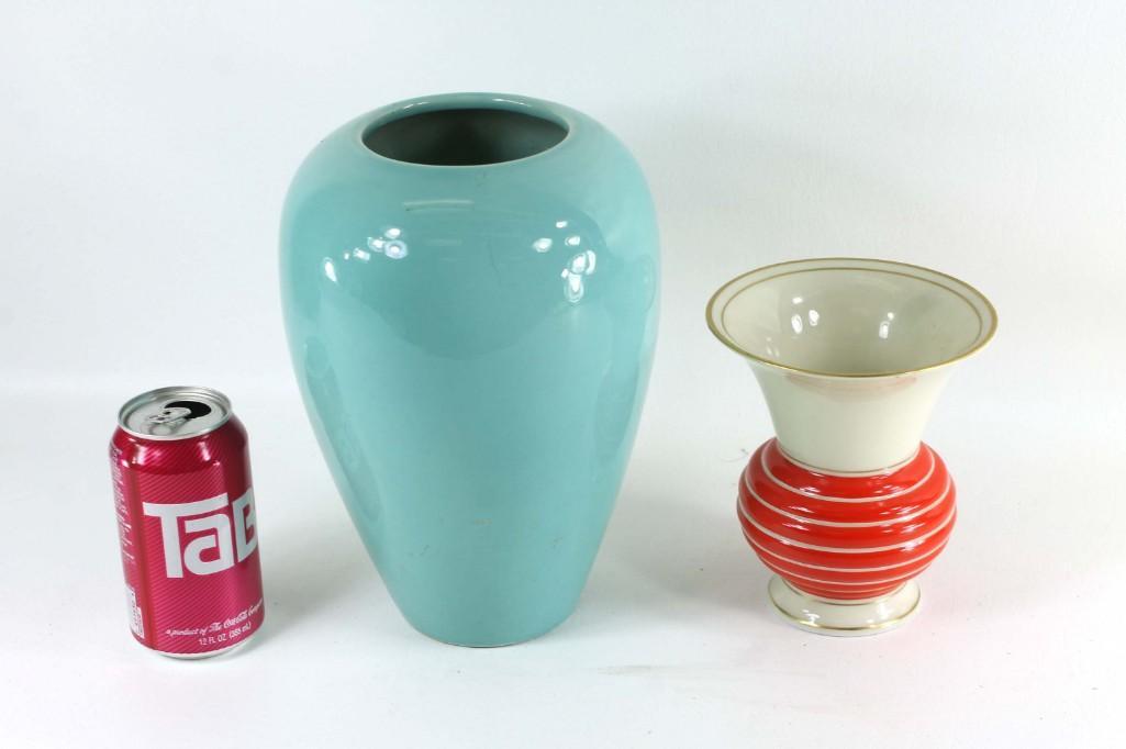 Lot of 2 Ceramic Vases , 1 is Aqua and 1 is Orange and (1 of 3)