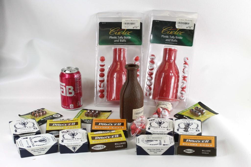 Lot of Billiard Chalk and Plastic Tally Bottles: Lot of Billiard Chalk and Plastic Tally Bottles