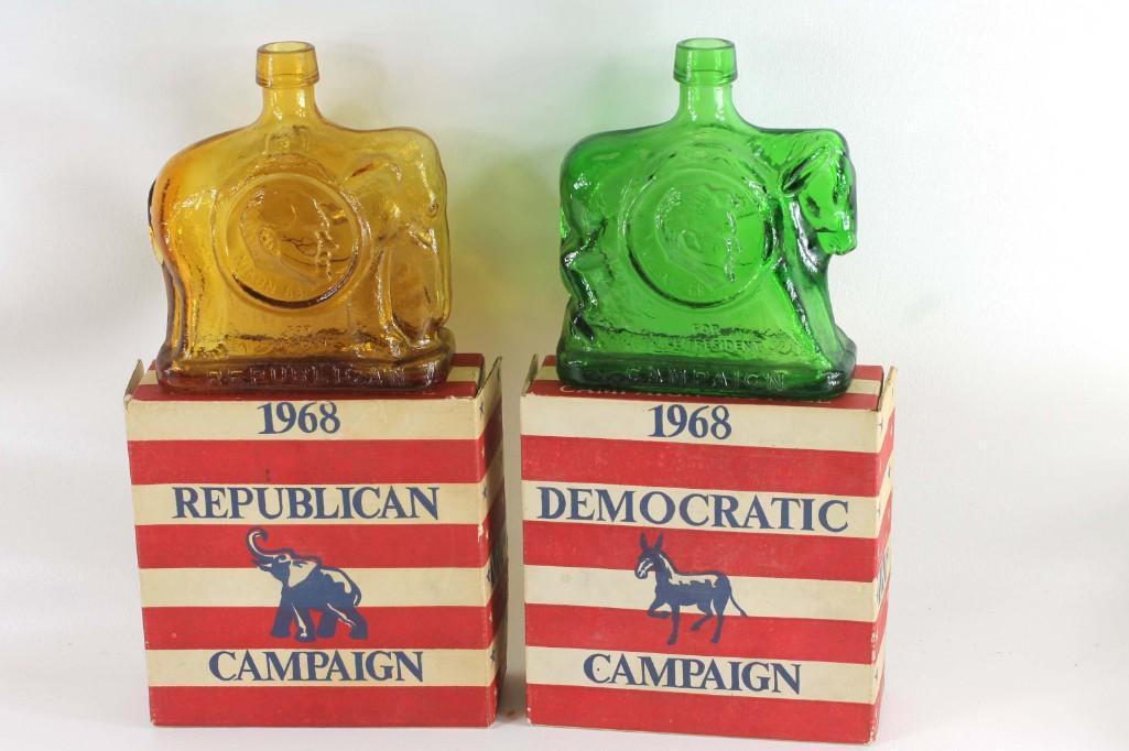 1968 Presidential Campaign Bottles Nixon and Muskie: Lot of 2 1968 Presidential Campaign Bottles Amber Elephone Republican Nixon and Green Democrat Muskie. New old stock with original boxes