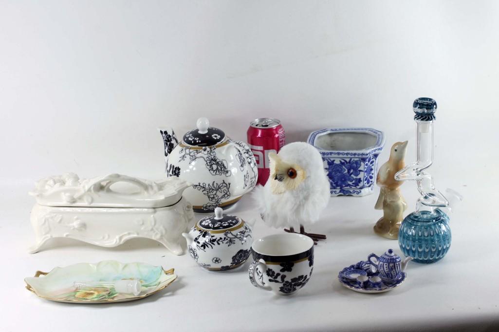 Lot of China and Home Decor: Includes a teapot , cream and sugar set , miniature tea set , and more