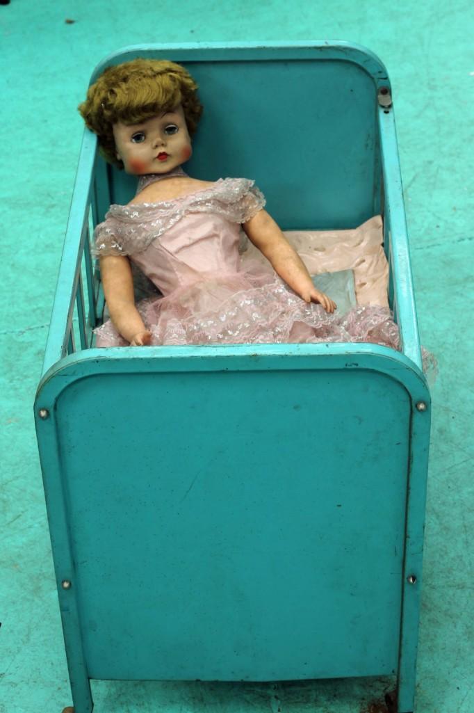 Vintage Doll in a Metal Doll Crib or Bed with a Lamb (1 of 3)