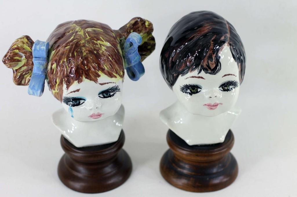 Lot of 2 Small Ceramic Busts with Wood Bases (1 of 2)