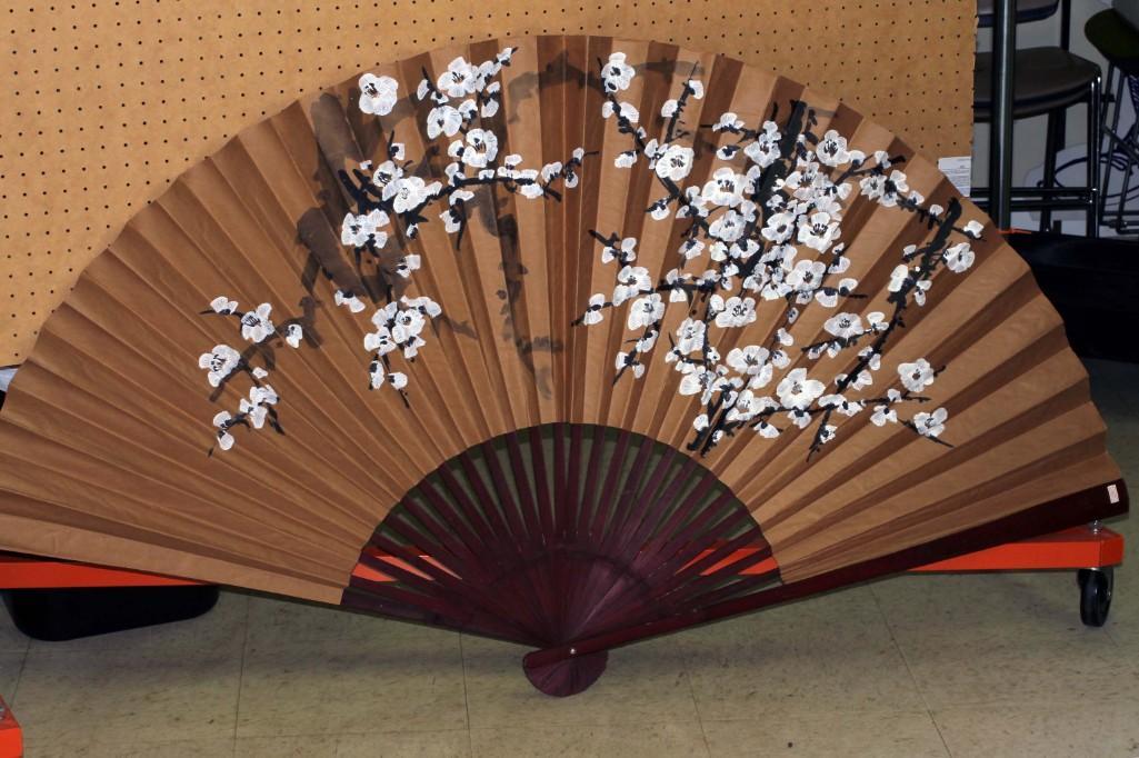 Large Decorative Fan with Asian Cherry Blossom Design (1 of 3)